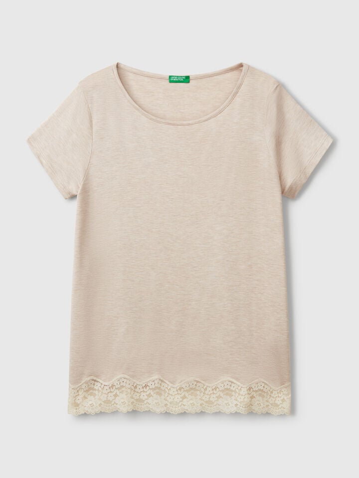 Benetton Flowy Top With Lace Edge Beige