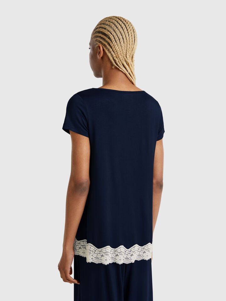Benetton Flowy Top With Lace Edge Dark Blue