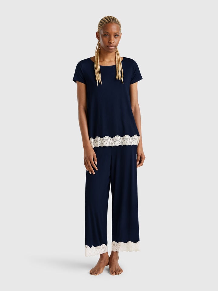 Benetton Flowy Top With Lace Edge Dark Blue