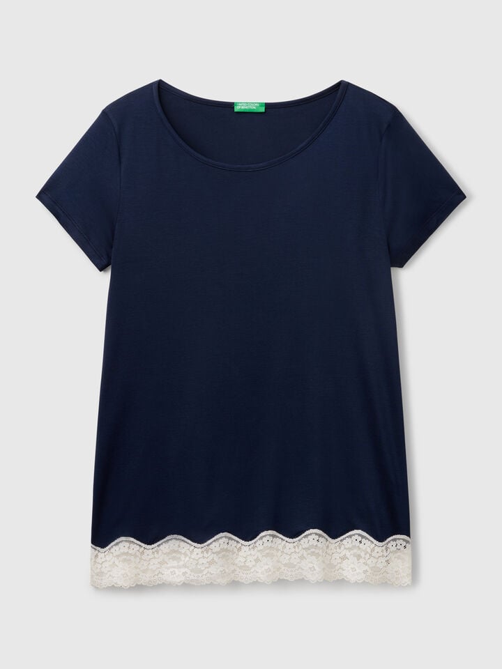 Benetton Flowy Top With Lace Edge Dark Blue
