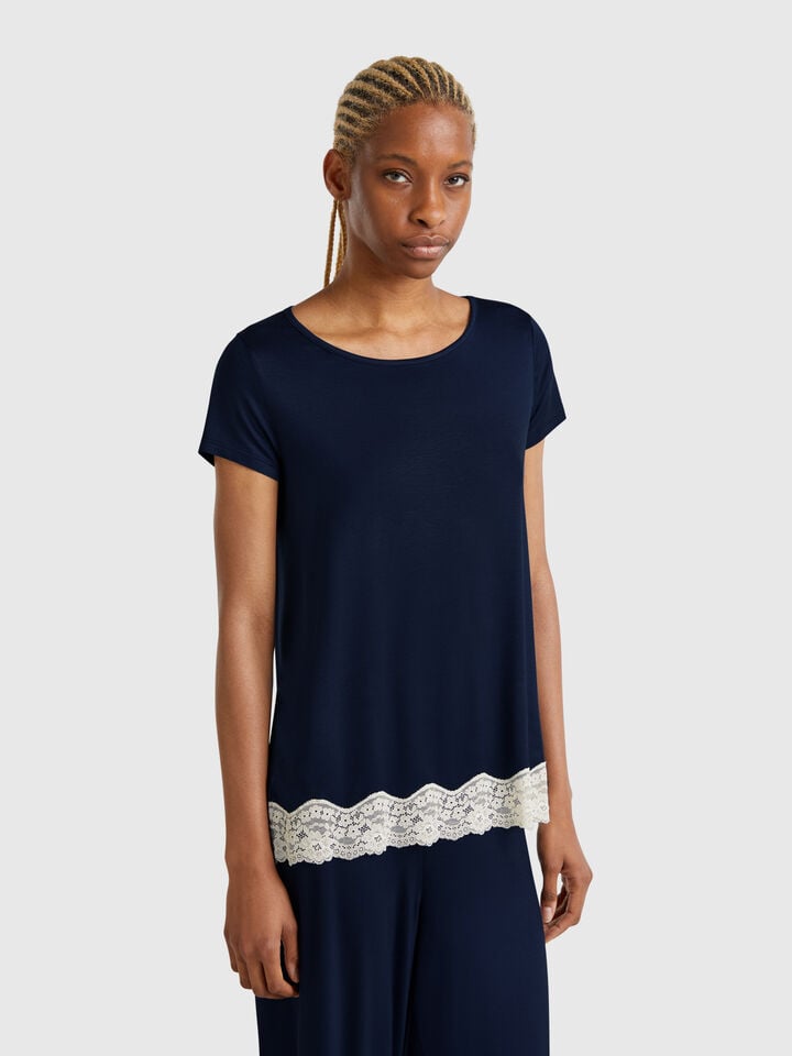 benetton Flowy top with lace edge Dark Blue
