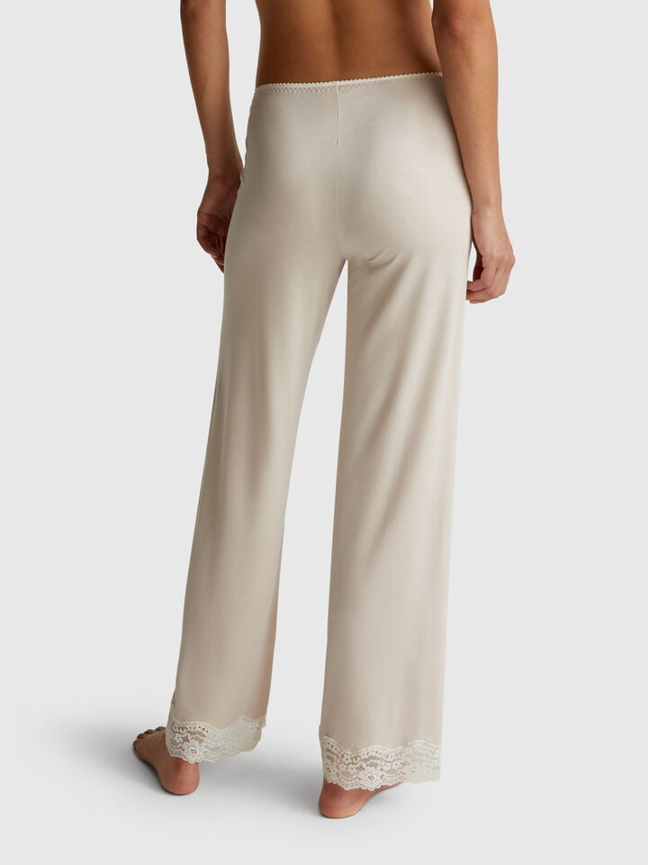 Benetton Flowy Trousers With Lace Beige