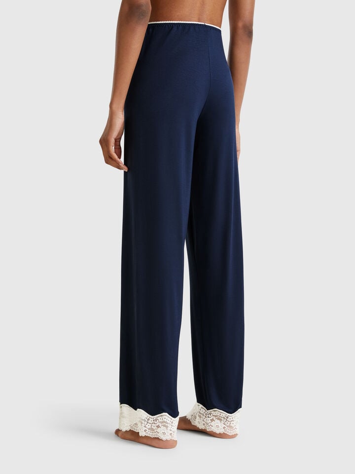 Benetton Flowy Trousers With Lace Dark Blue