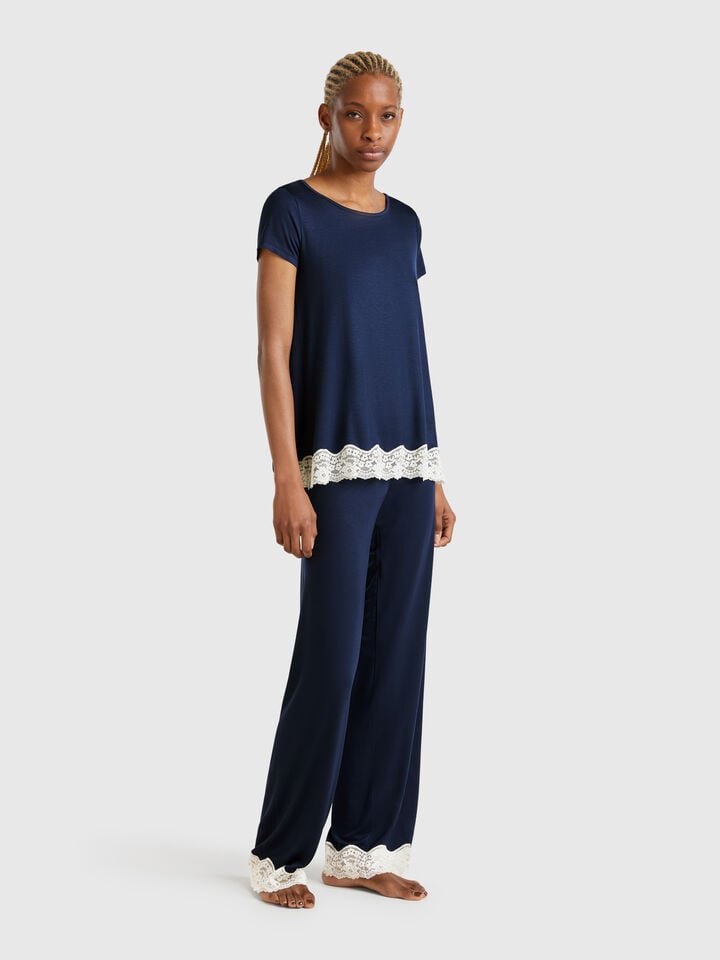 Benetton Flowy Trousers With Lace Dark Blue