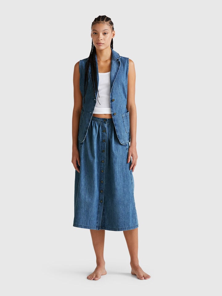 Benetton Jean Skirt With Buttons Blue