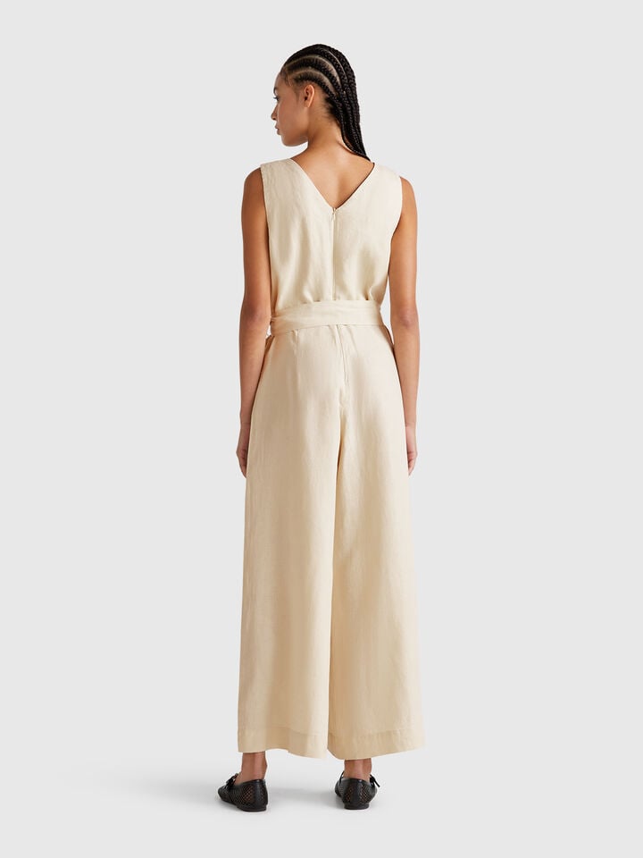 Benetton Jumpsuit In Pure Linen Beige