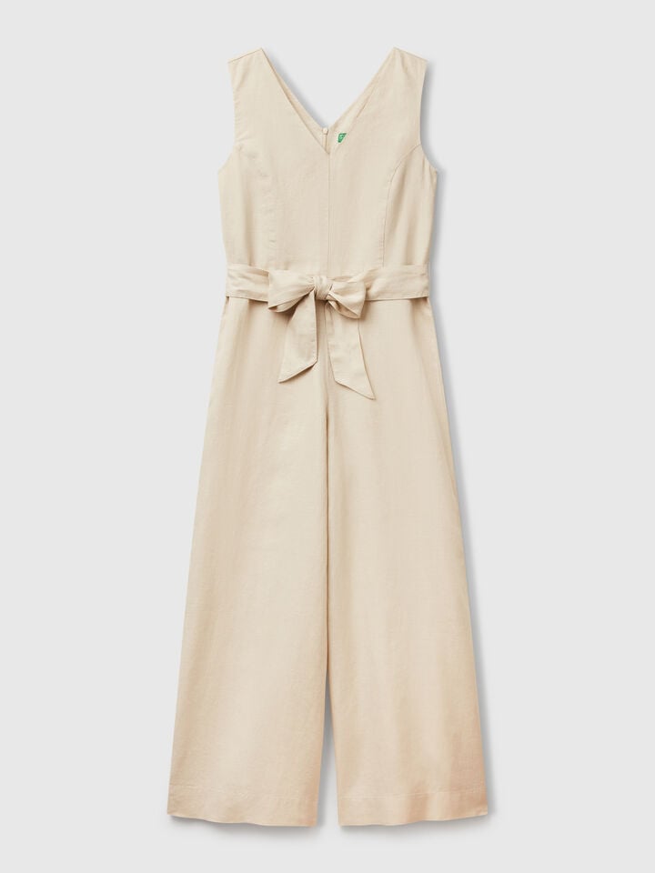 Benetton Jumpsuit In Pure Linen Beige