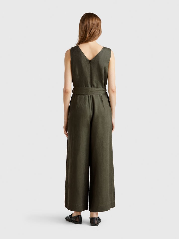 Benetton Jumpsuit In Pure Linen Military Green