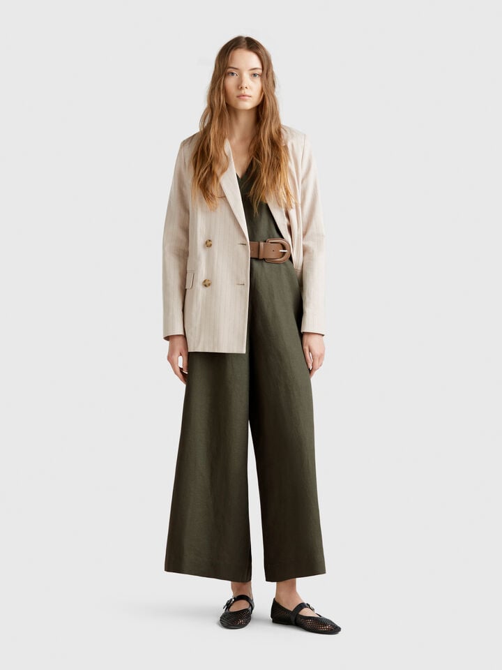 Benetton Jumpsuit In Pure Linen Military Green