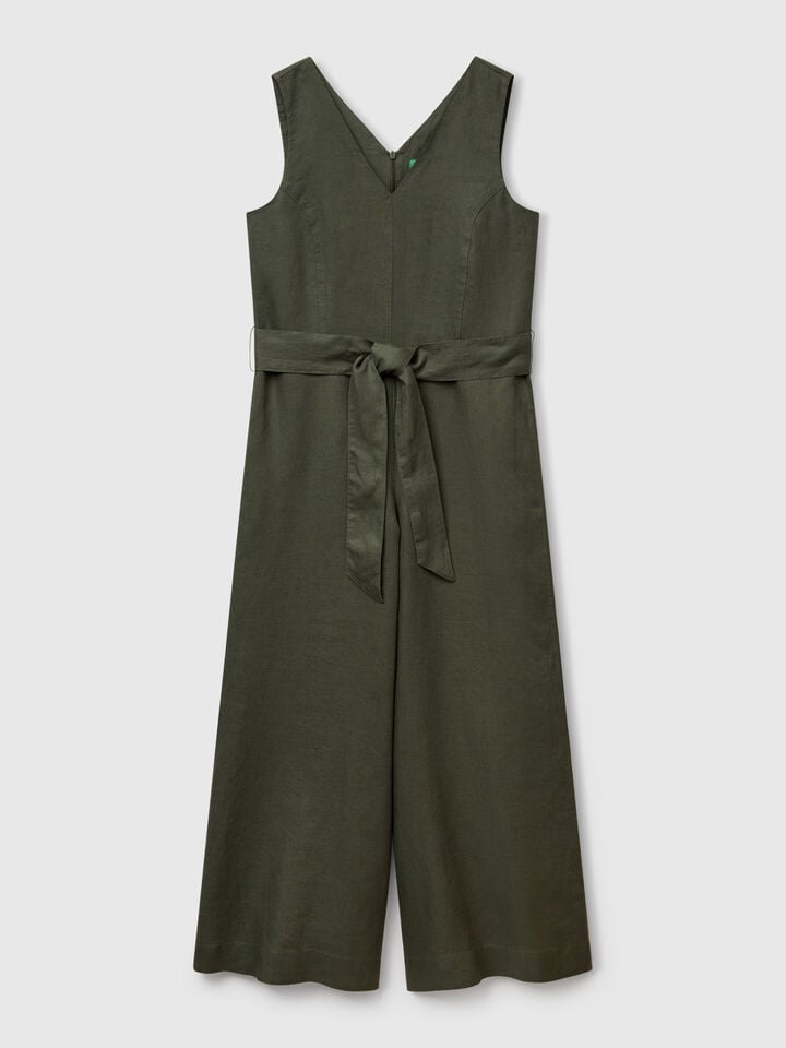Benetton Jumpsuit In Pure Linen Military Green