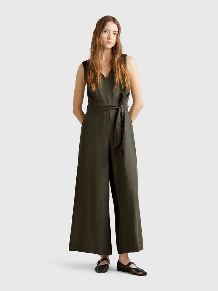 benetton Jumpsuit in pure linen Military Green