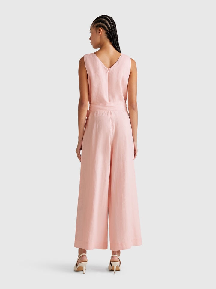 Benetton Jumpsuit In Pure Linen Soft Pink