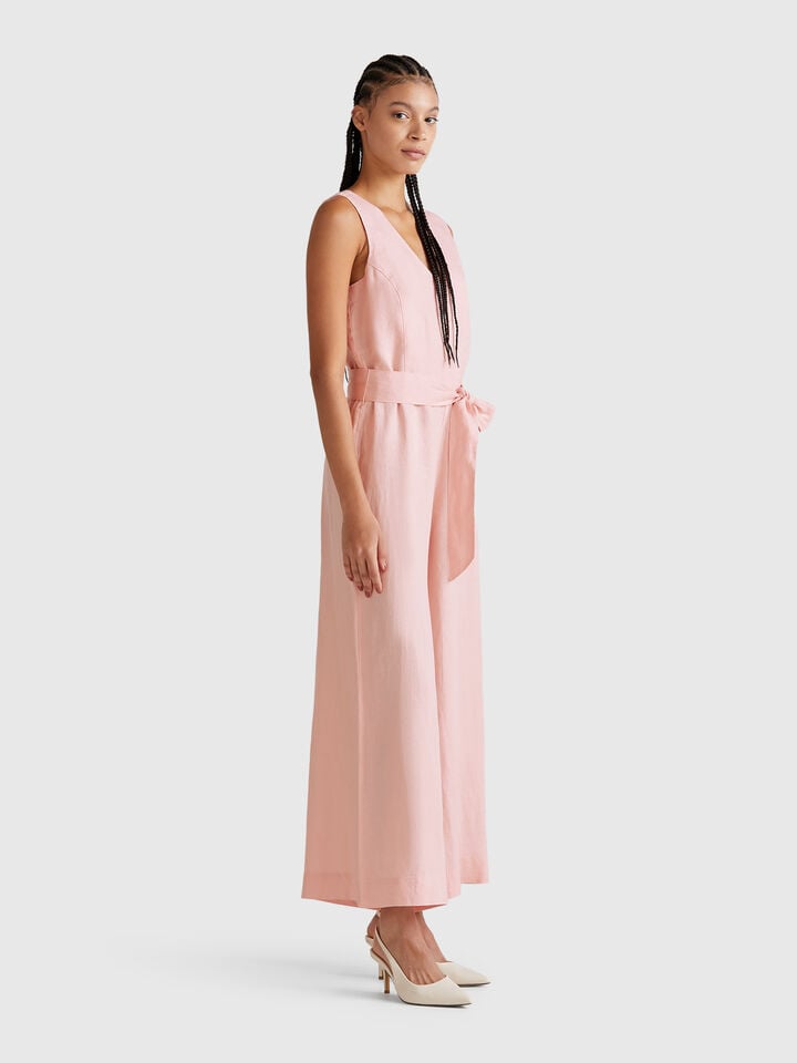Benetton Jumpsuit In Pure Linen Soft Pink