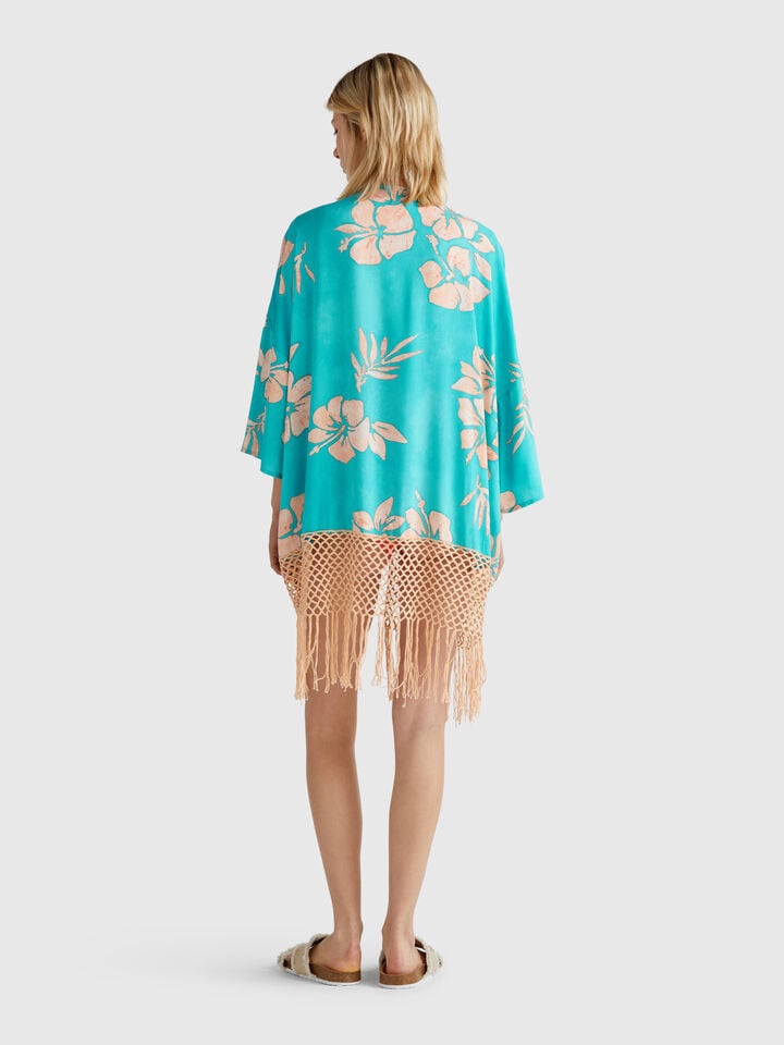 Benetton Kimono Sweater With Floral Print Aqua