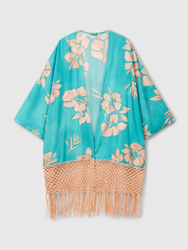Benetton Kimono Sweater With Floral Print Aqua