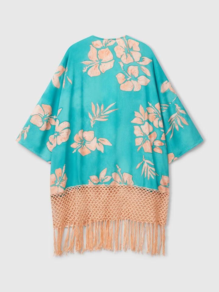 Benetton Kimono Sweater With Floral Print Aqua