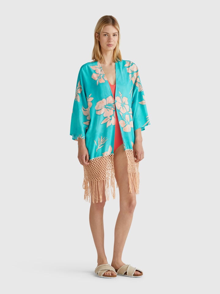 benetton Kimono sweater with floral print Aqua