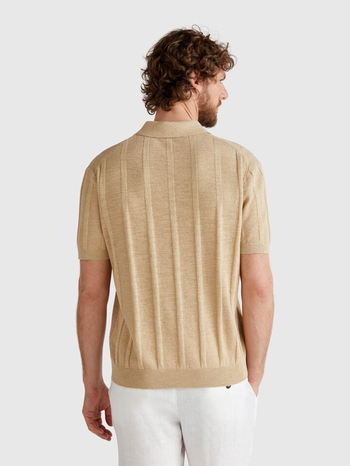 Benetton Knit Polo In Linen Blend Beige