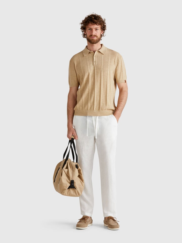 Benetton Knit Polo In Linen Blend Beige