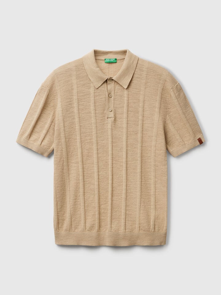 Benetton Knit Polo In Linen Blend Beige