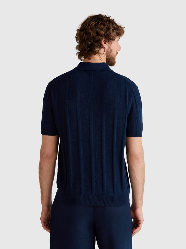 Benetton Knit Polo In Linen Blend Dark Blue
