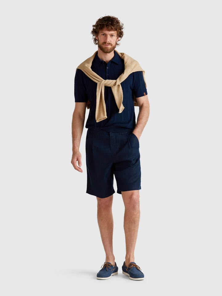 Benetton Knit Polo In Linen Blend Dark Blue