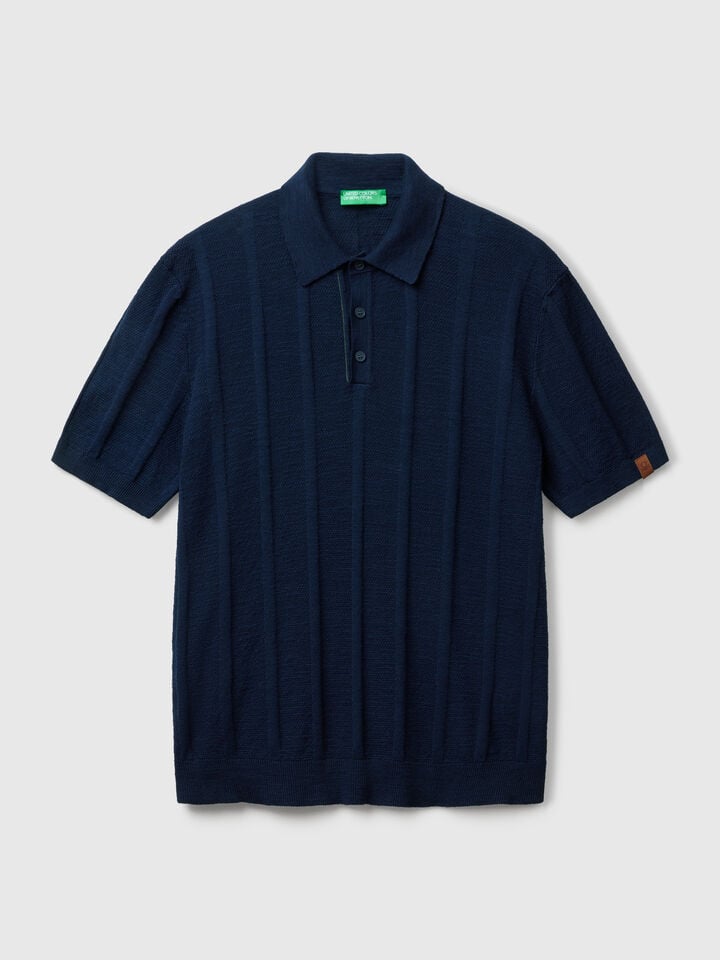 Benetton Knit Polo In Linen Blend Dark Blue