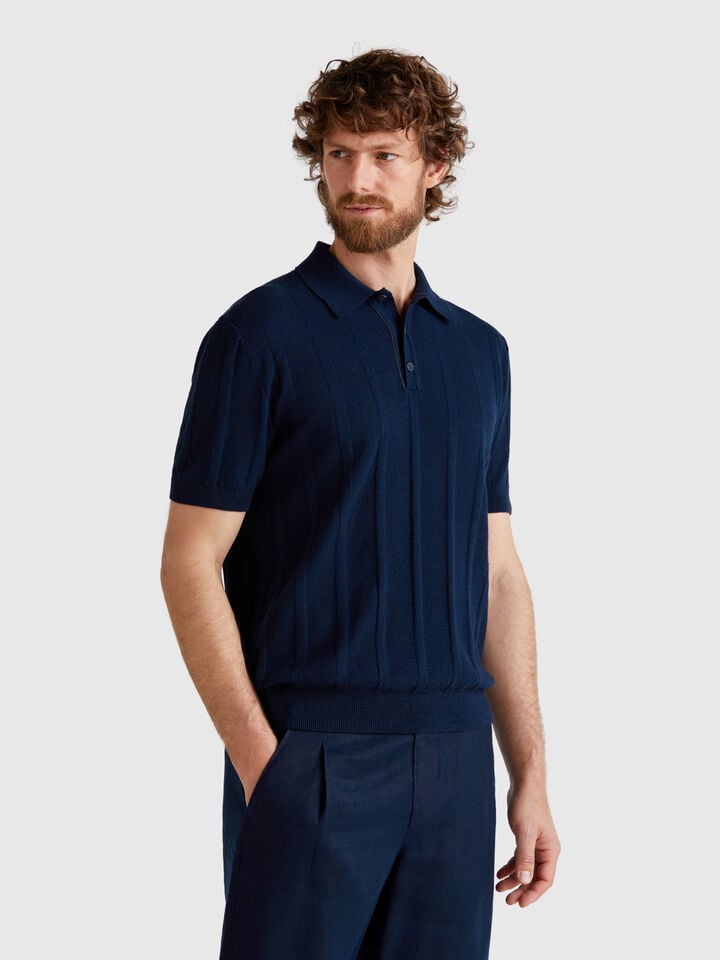 benetton Knit polo in linen blend Dark Blue