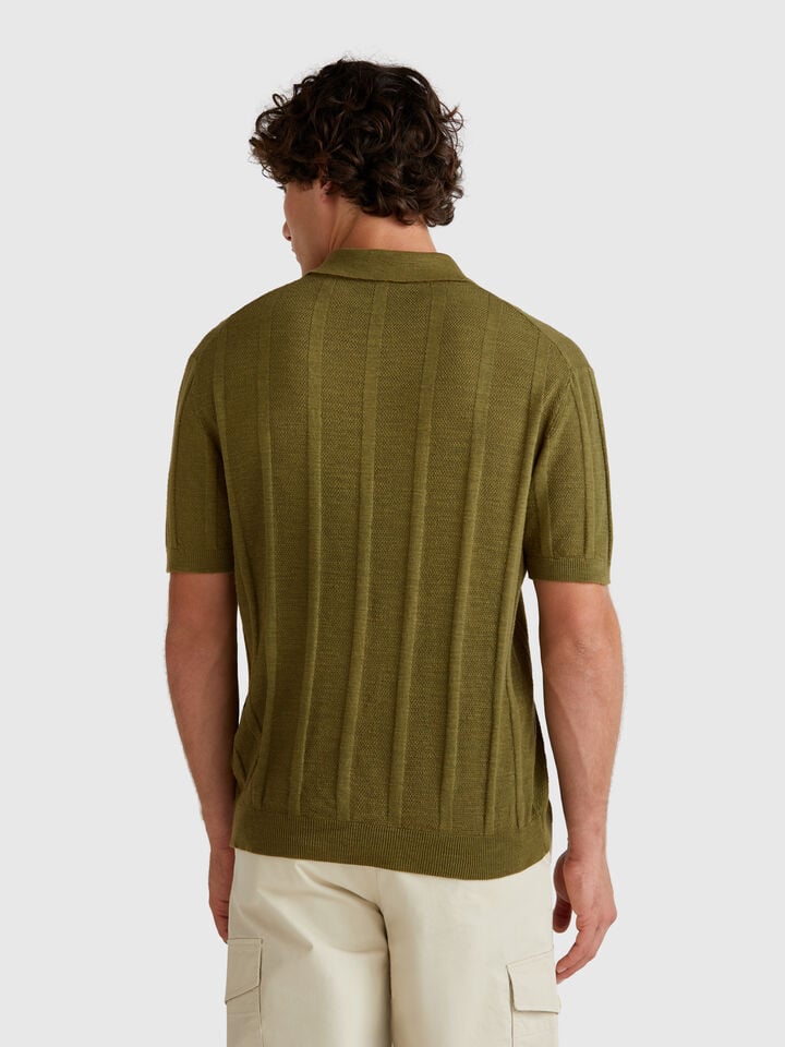 Benetton Knit Polo In Linen Blend Military Green
