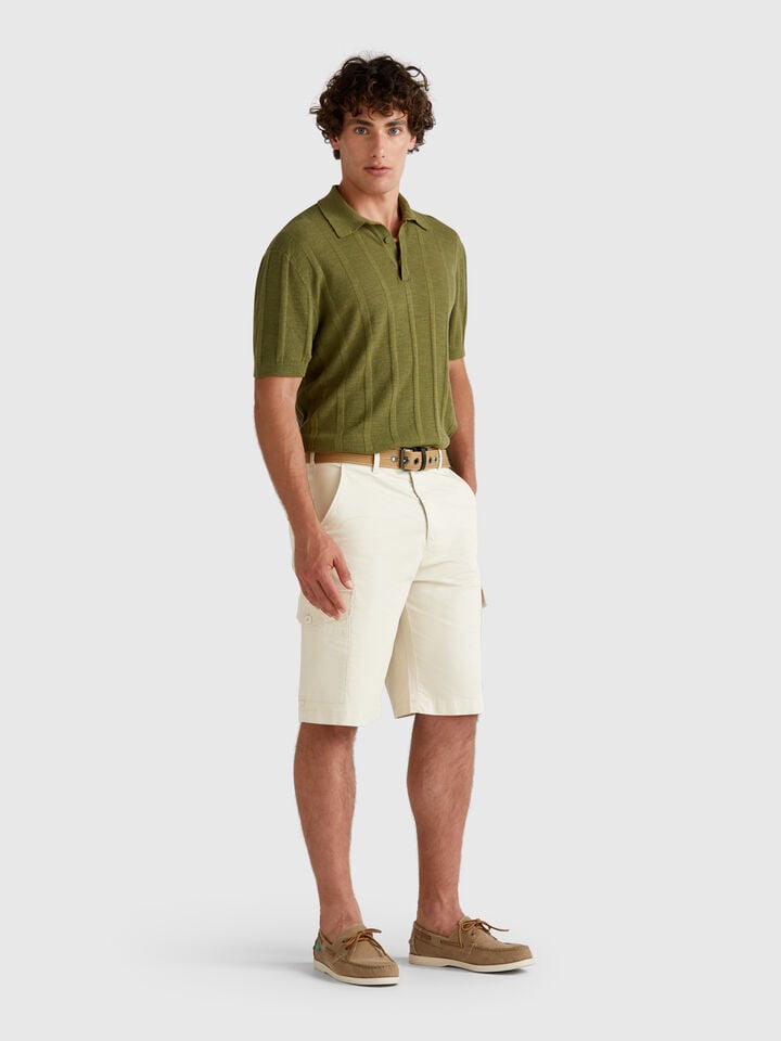 Benetton Knit Polo In Linen Blend Military Green