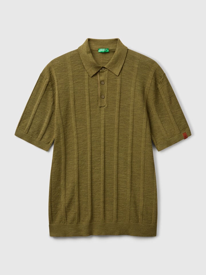 Benetton Knit Polo In Linen Blend Military Green