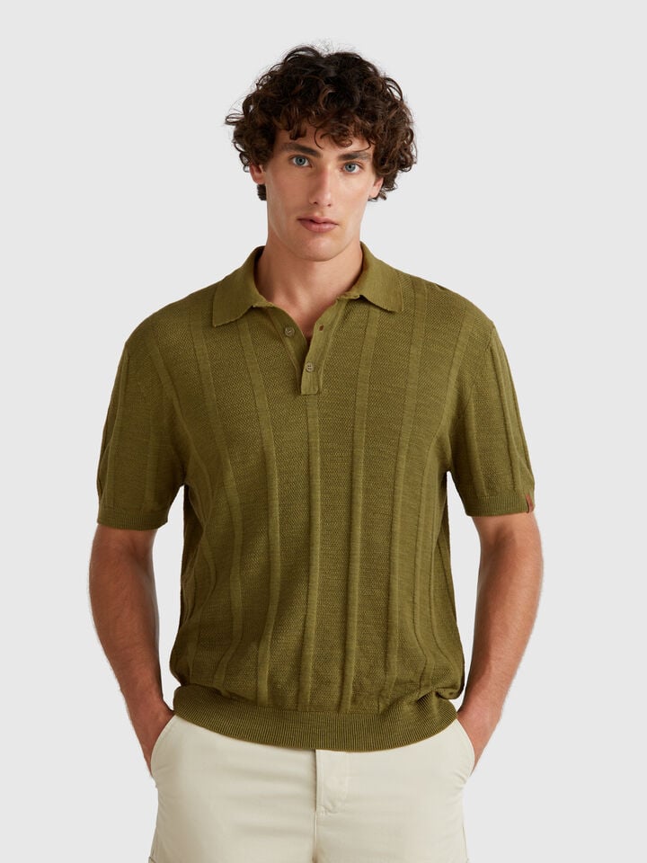 benetton Knit polo in linen blend Military Green