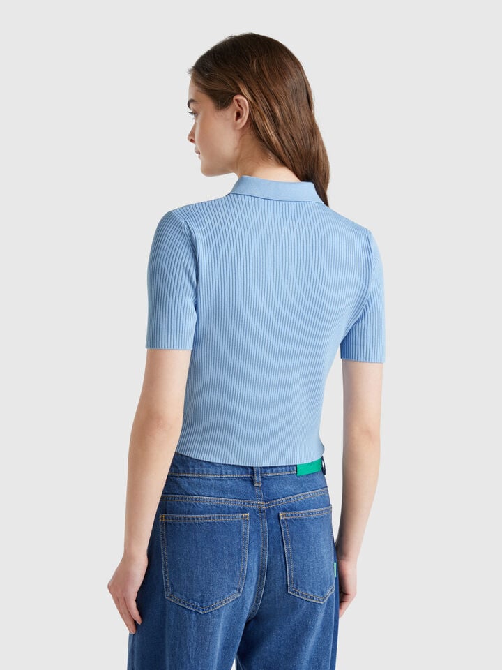 Benetton Knit Polo With Diamond Inlay Light Blue