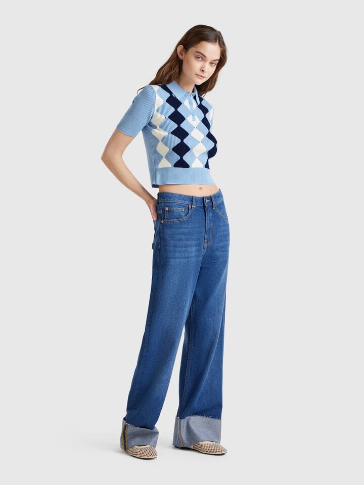 Benetton Knit Polo With Diamond Inlay Light Blue