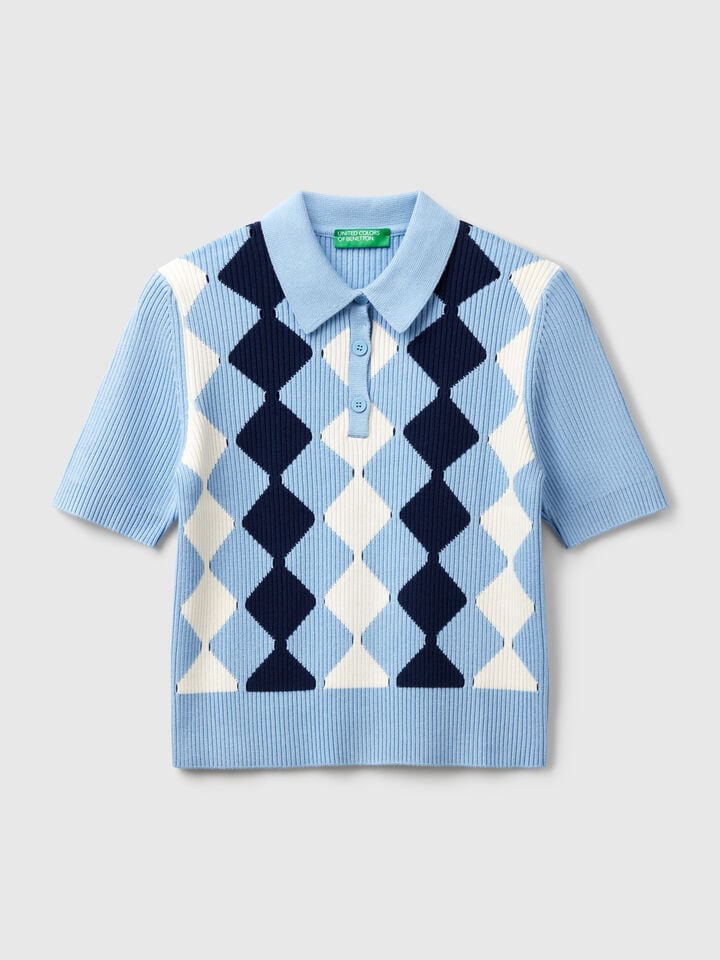 Benetton Knit Polo With Diamond Inlay Light Blue