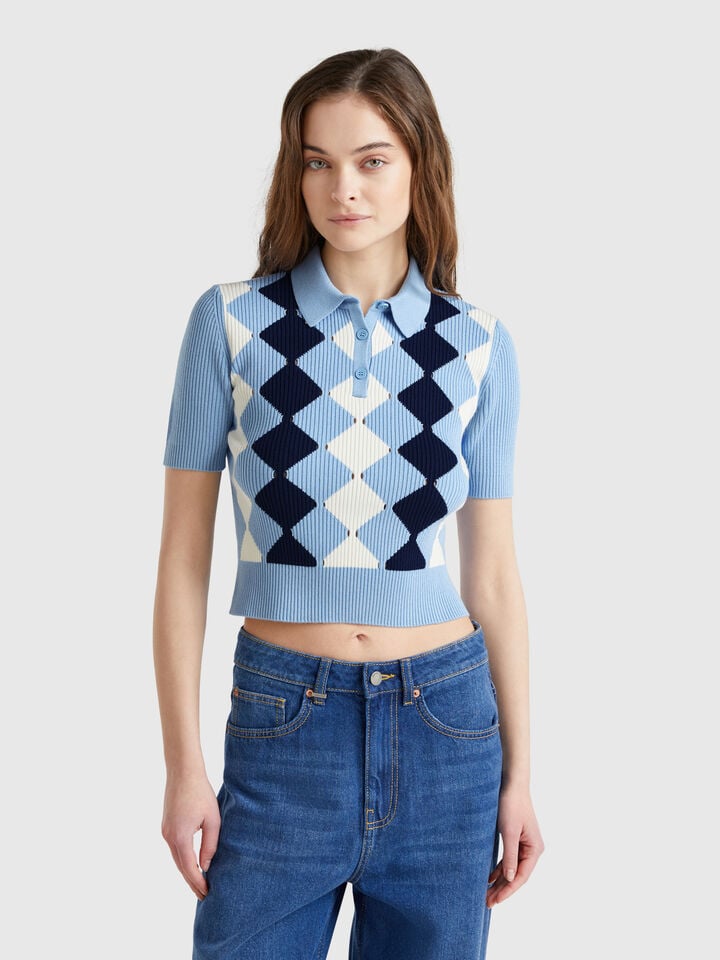 benetton Knit polo with diamond inlay Light Blue