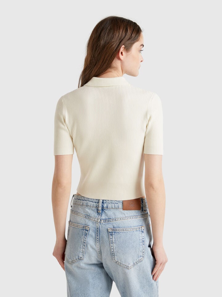 Benetton Knit Polo With Diamond Inlay White