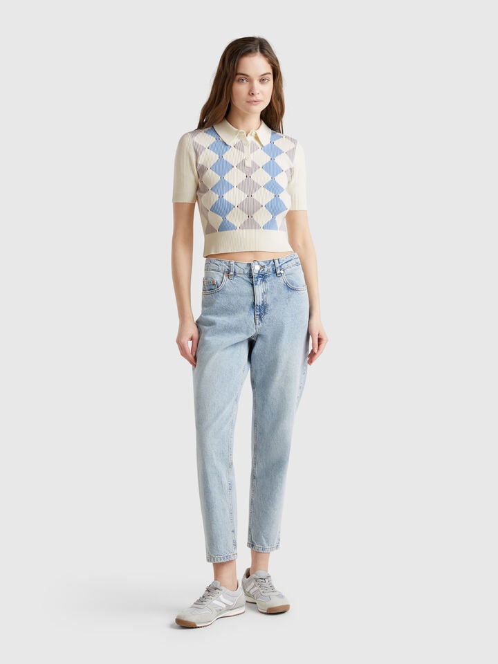 Benetton Knit Polo With Diamond Inlay White