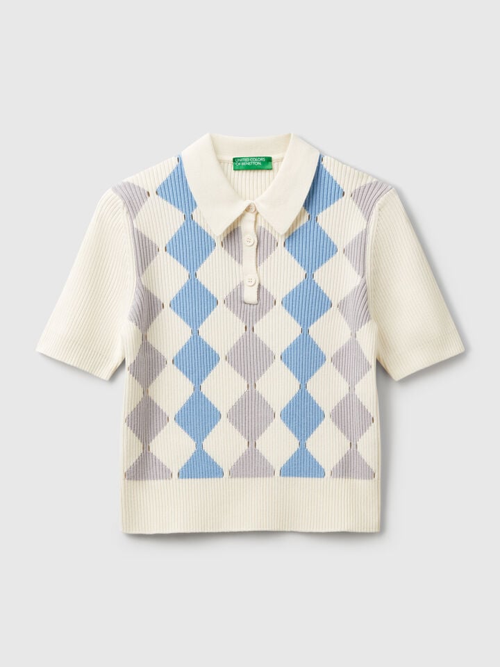 Benetton Knit Polo With Diamond Inlay White