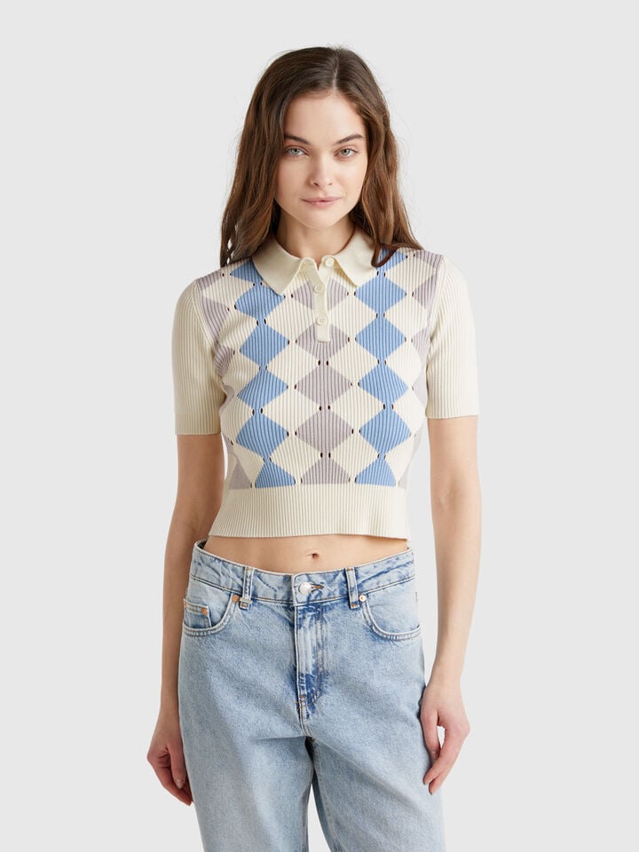 benetton Knit polo with diamond inlay White
