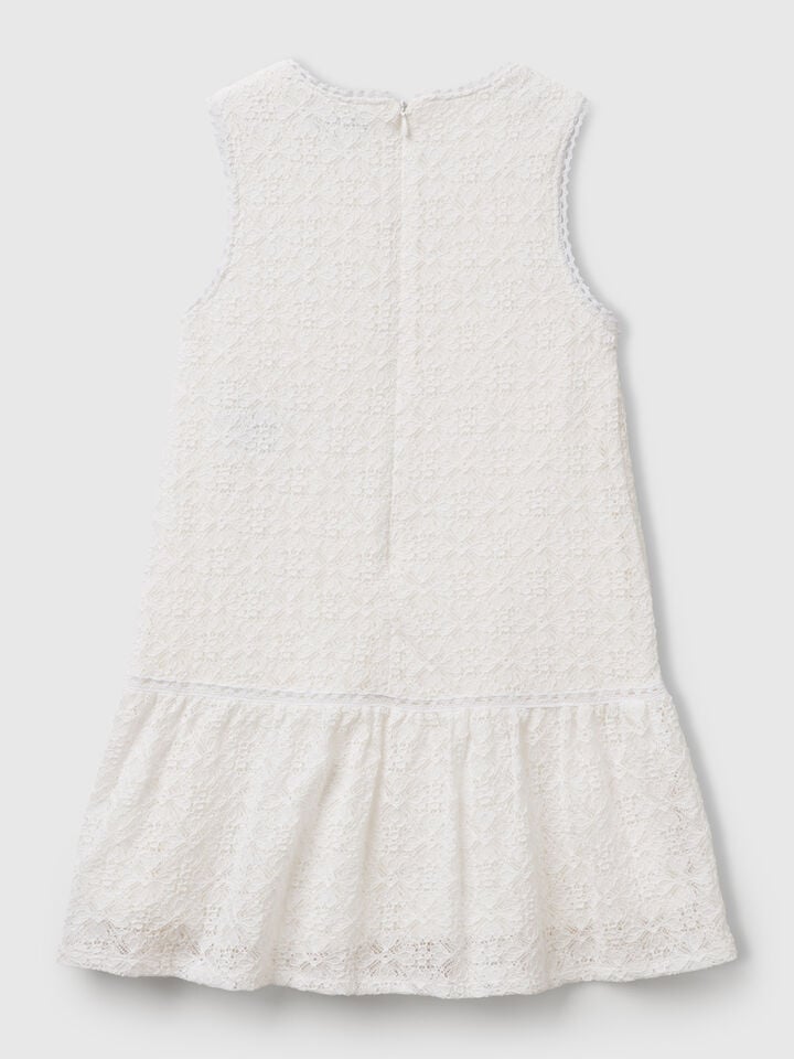 Benetton Lace Dress With Flounce Creamy White