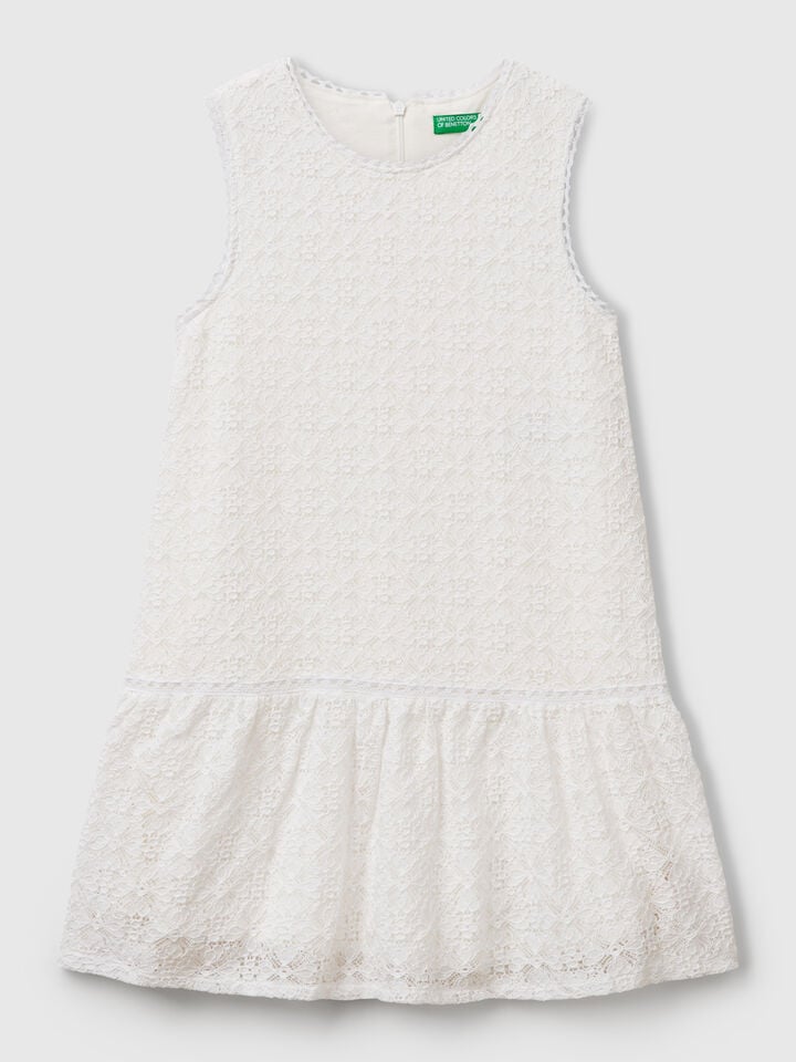 benetton Lace dress with flounce Creamy White