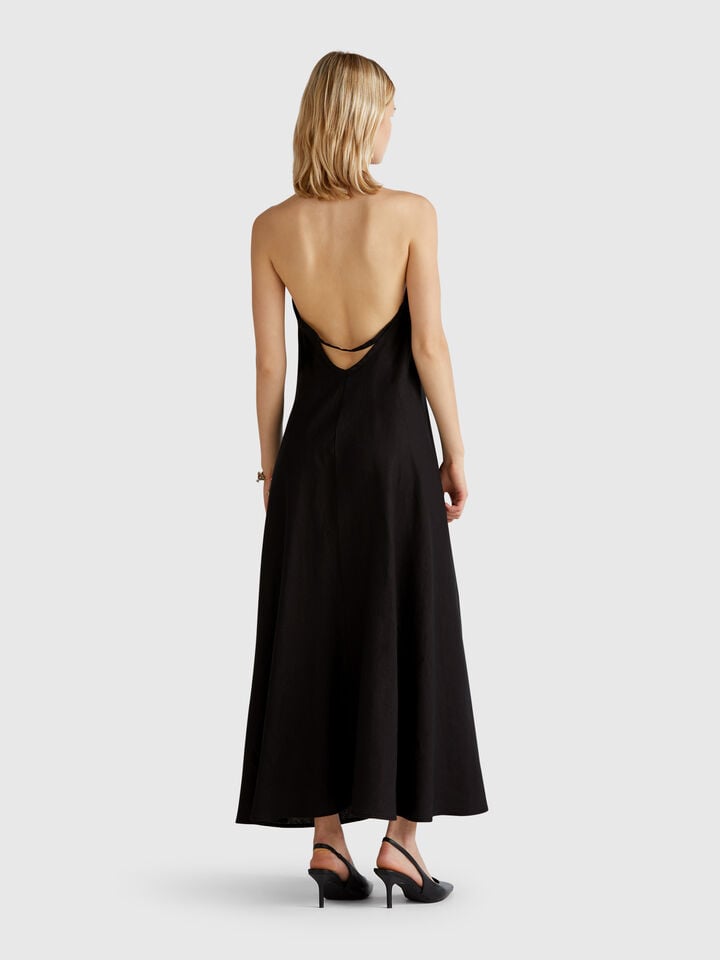 Benetton Long Dress In Pure Linen Black