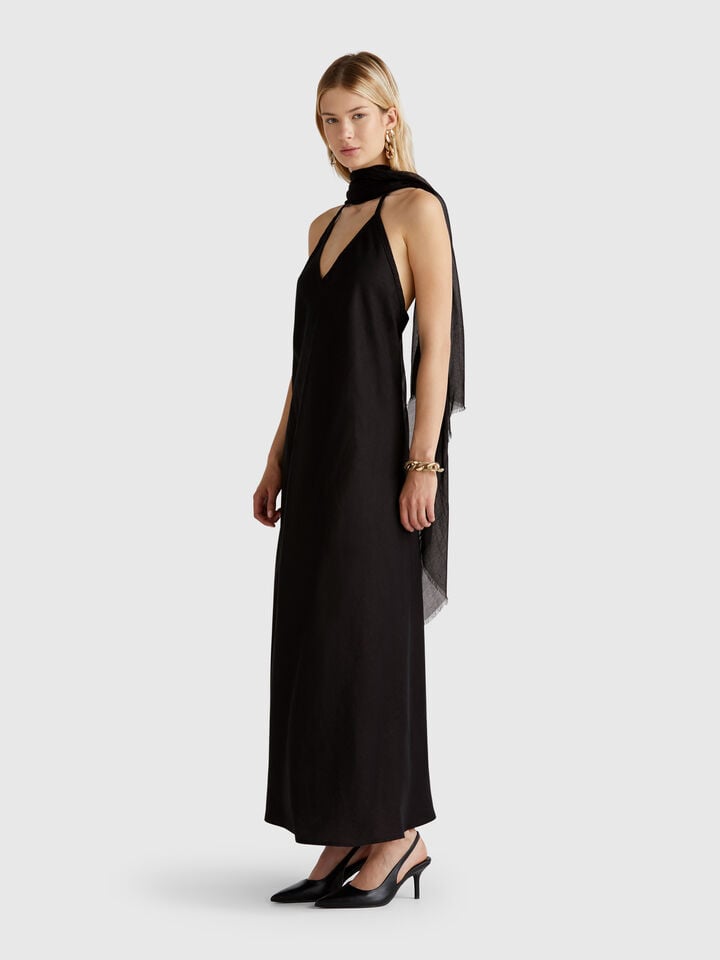 Benetton Long Dress In Pure Linen Black