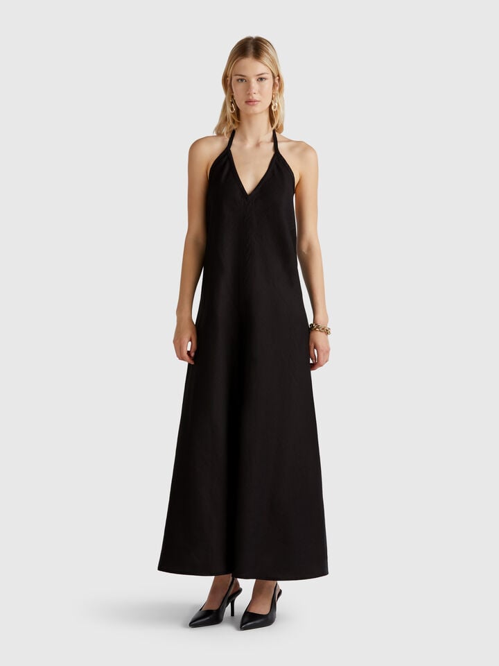 benetton Long dress in pure linen Black