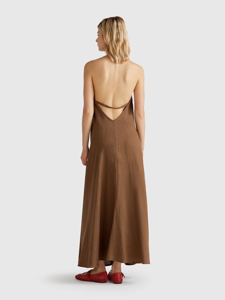 Benetton Long Dress In Pure Linen Brown