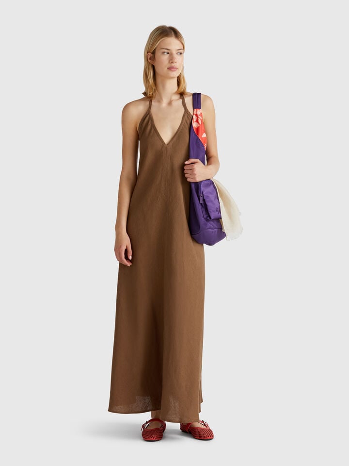 Benetton Long Dress In Pure Linen Brown