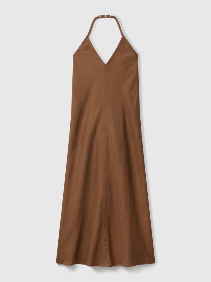 Benetton Long Dress In Pure Linen Brown