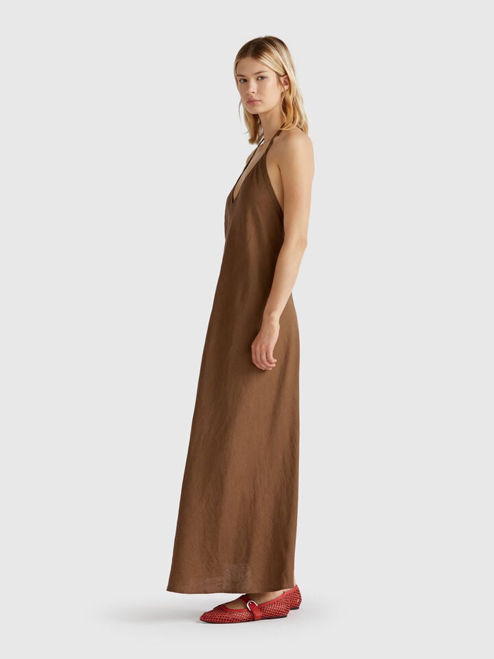benetton Long dress in pure linen Brown