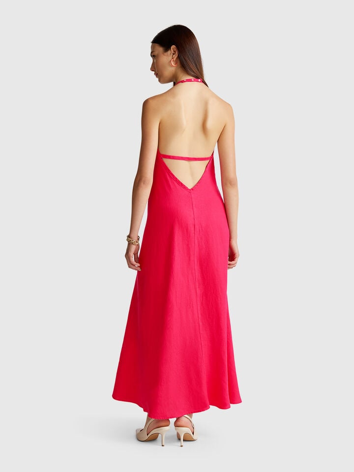 Benetton Long Dress In Pure Linen Fuchsia